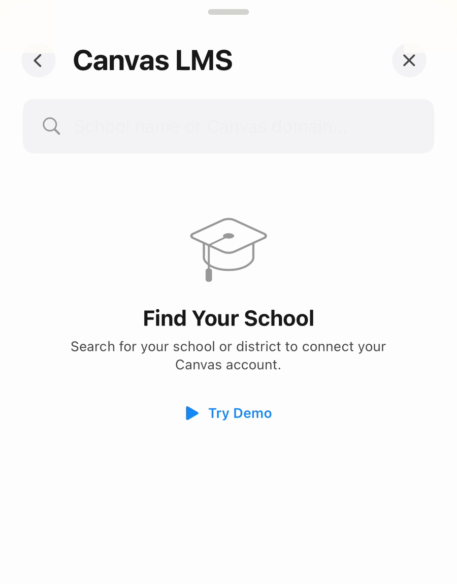 The Canvas screen in The Homework App, with a school search field and a Try Demo button