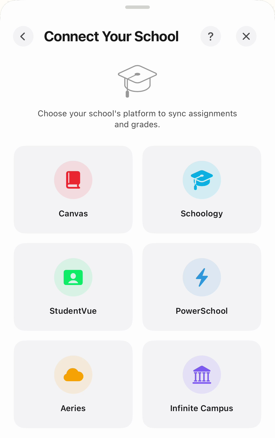 The Connect Your School screen in The Homework App, with tiles for Canvas, Schoology, StudentVue, PowerSchool, Aeries and Infinite Campus