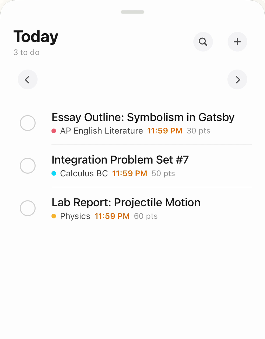 Today's work in The Homework App, showing three assignments pulled from Canvas with their class, due time and point value